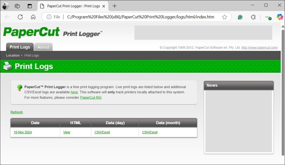 PaperCut Print Logger page on browser