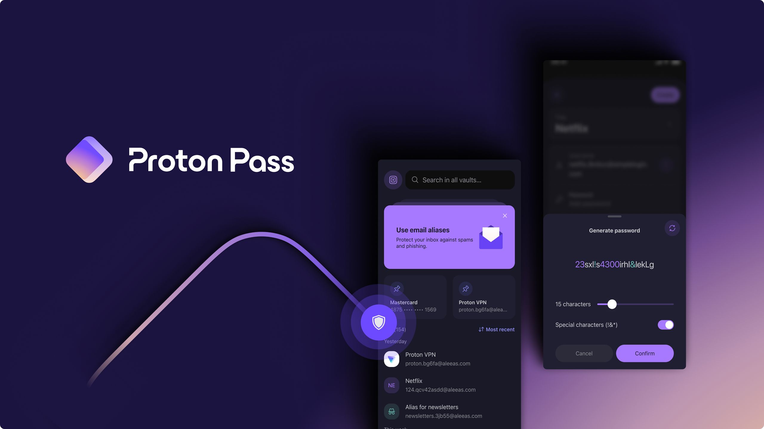 Two screenshots of the Proton Pass mobile app on a stylized background with the Proton Pass logo