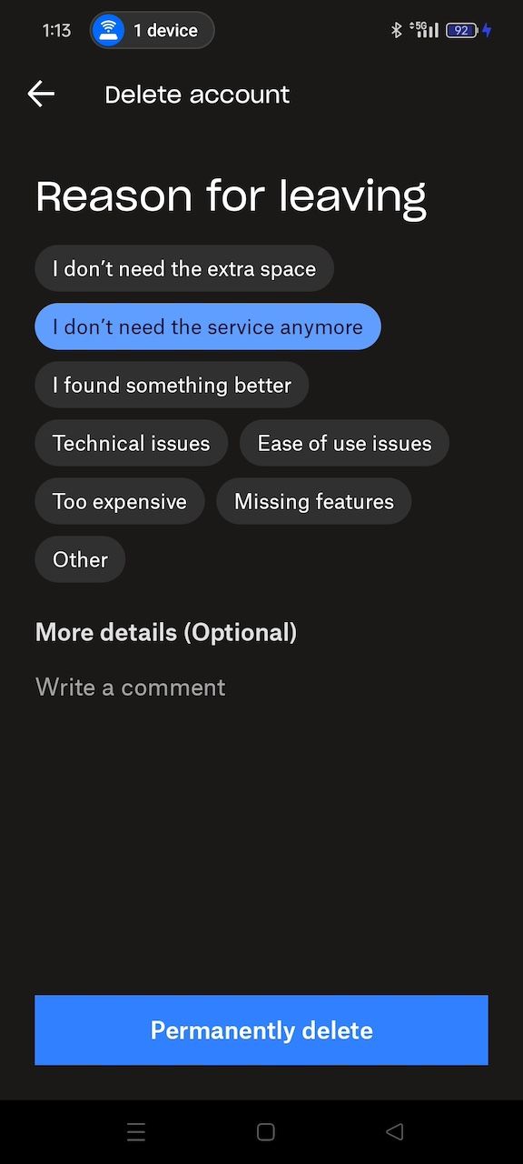 Choosing a reason for deleting Dropbox account on the app