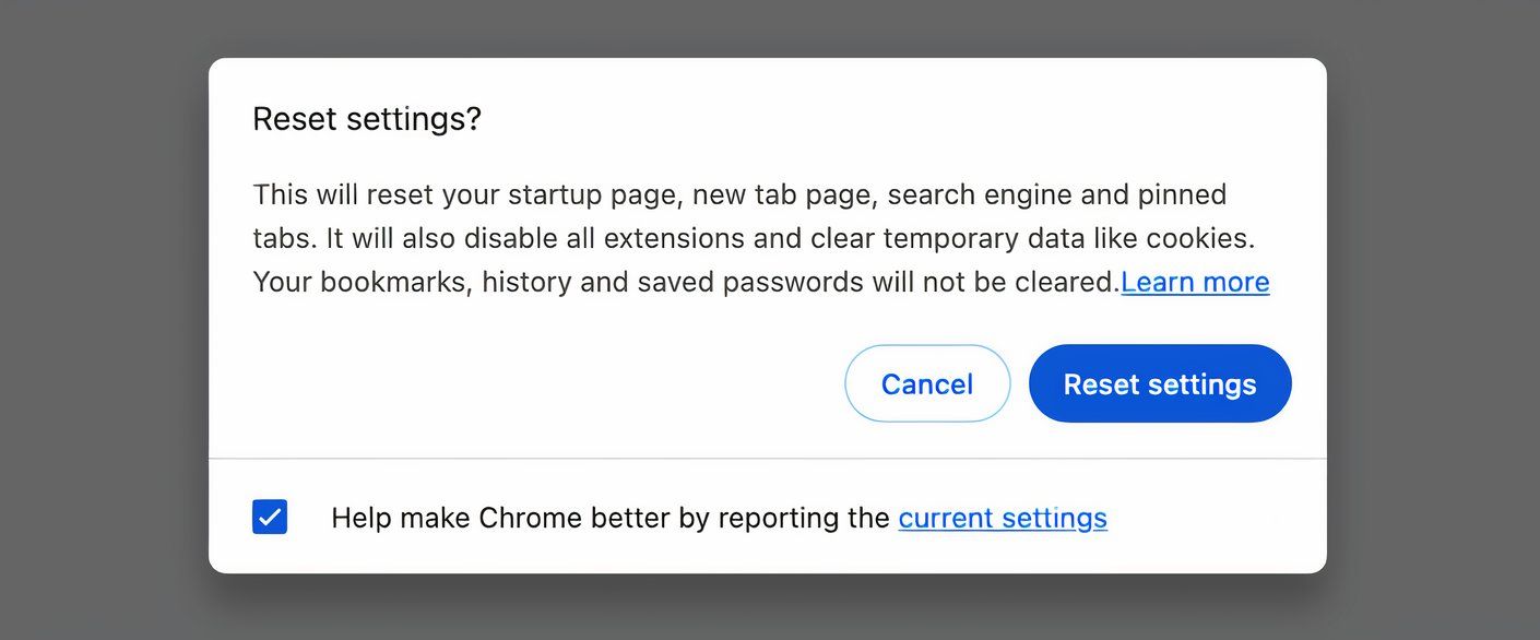 The Reset Settings popup window in Chrome.