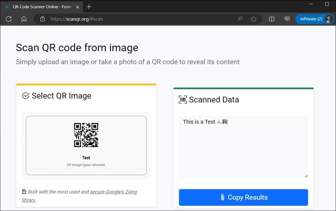 The Scanned Data page in the Scan QR app