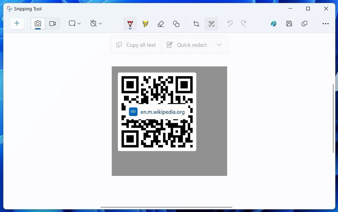 Scanning a QR code in Windows 11 Snipping Tool app