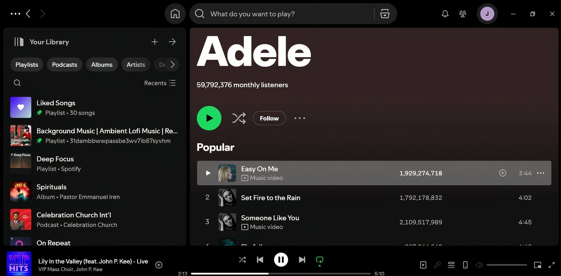 spotify showing adele profile