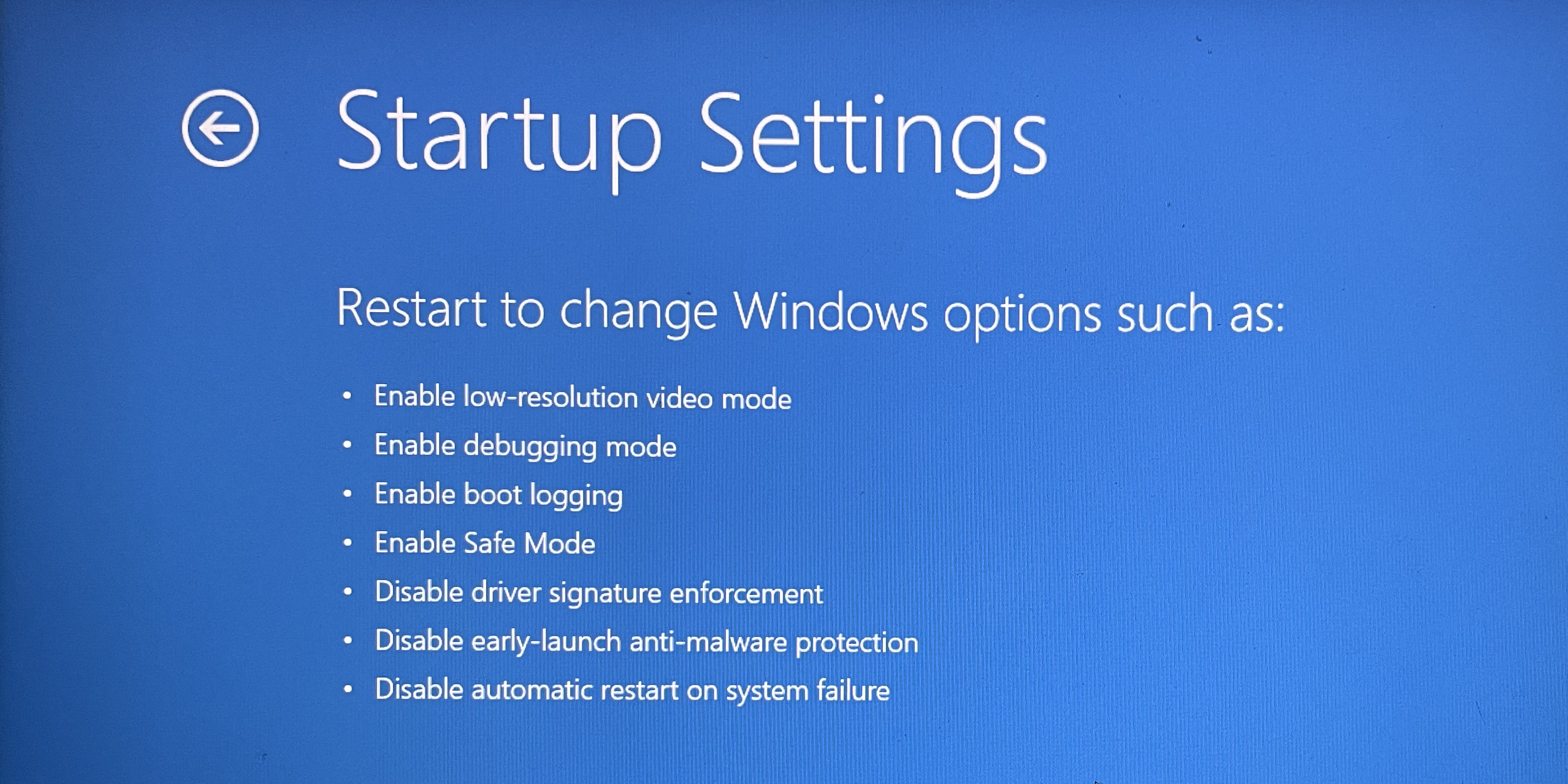 The Startup Settings screen on Windows.