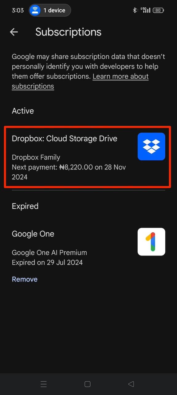 Selecting Dropbox from list of active subscriptions on Google Play store app