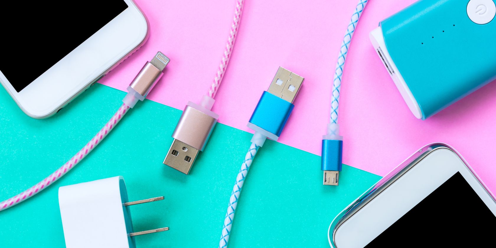 top down view of various usb connected devices on colourful background