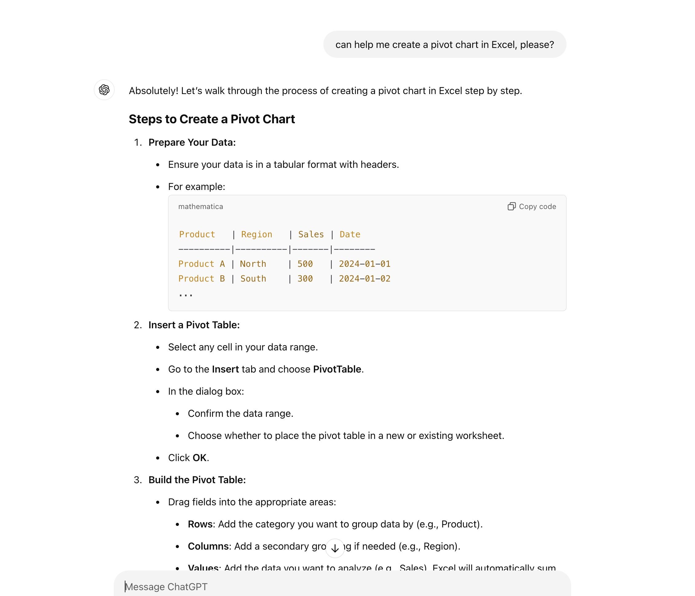 A screenshot of ChatGPT's response to a prompt asking for help making a pivot chart in Micorsoft Excel. 