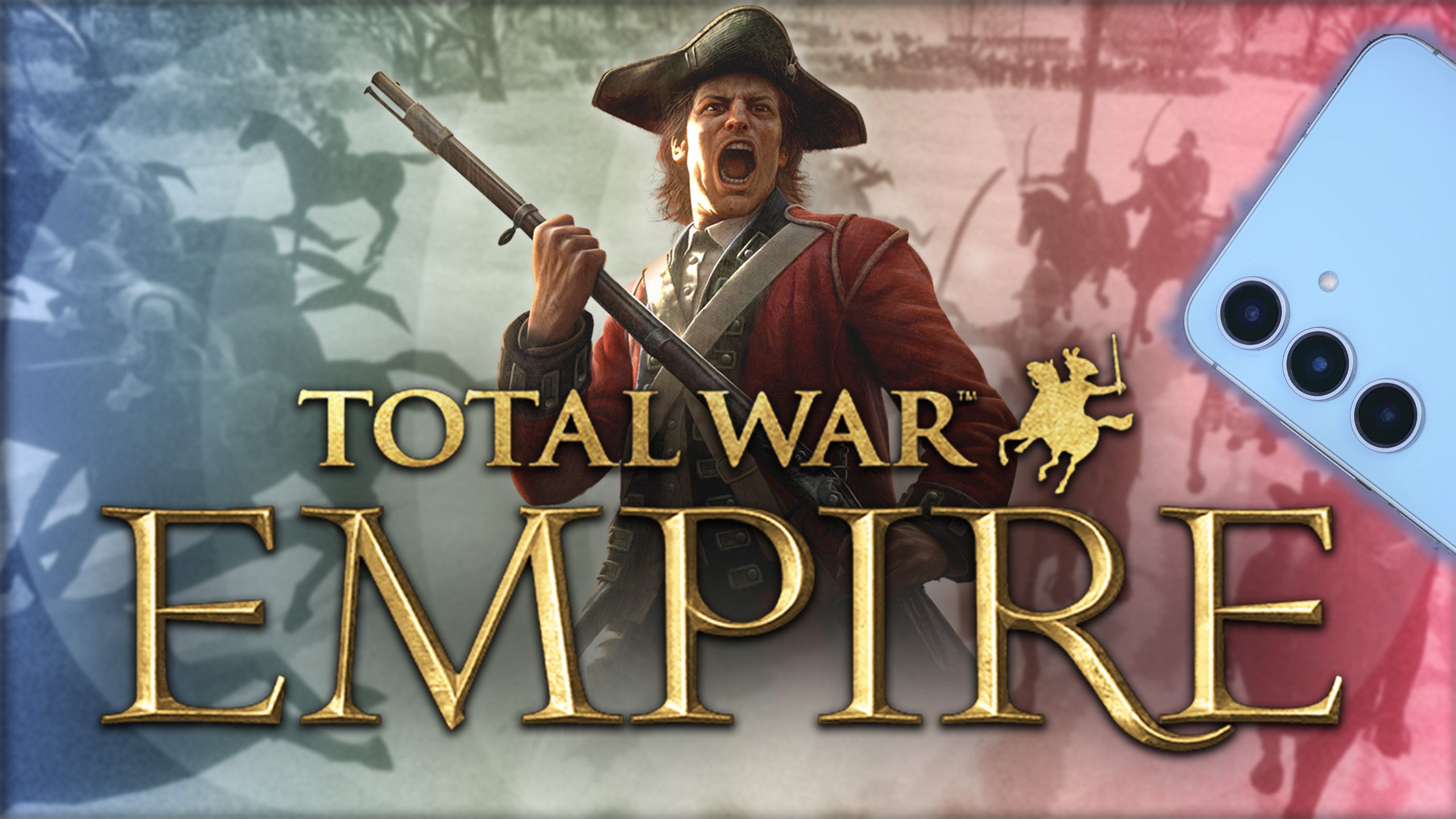 An image from Total War: Empire with a blue smartphone on the right edge. 