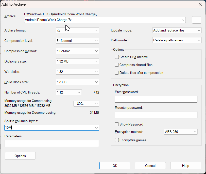 7-Zip Add to Archive dialog open in Windows 11