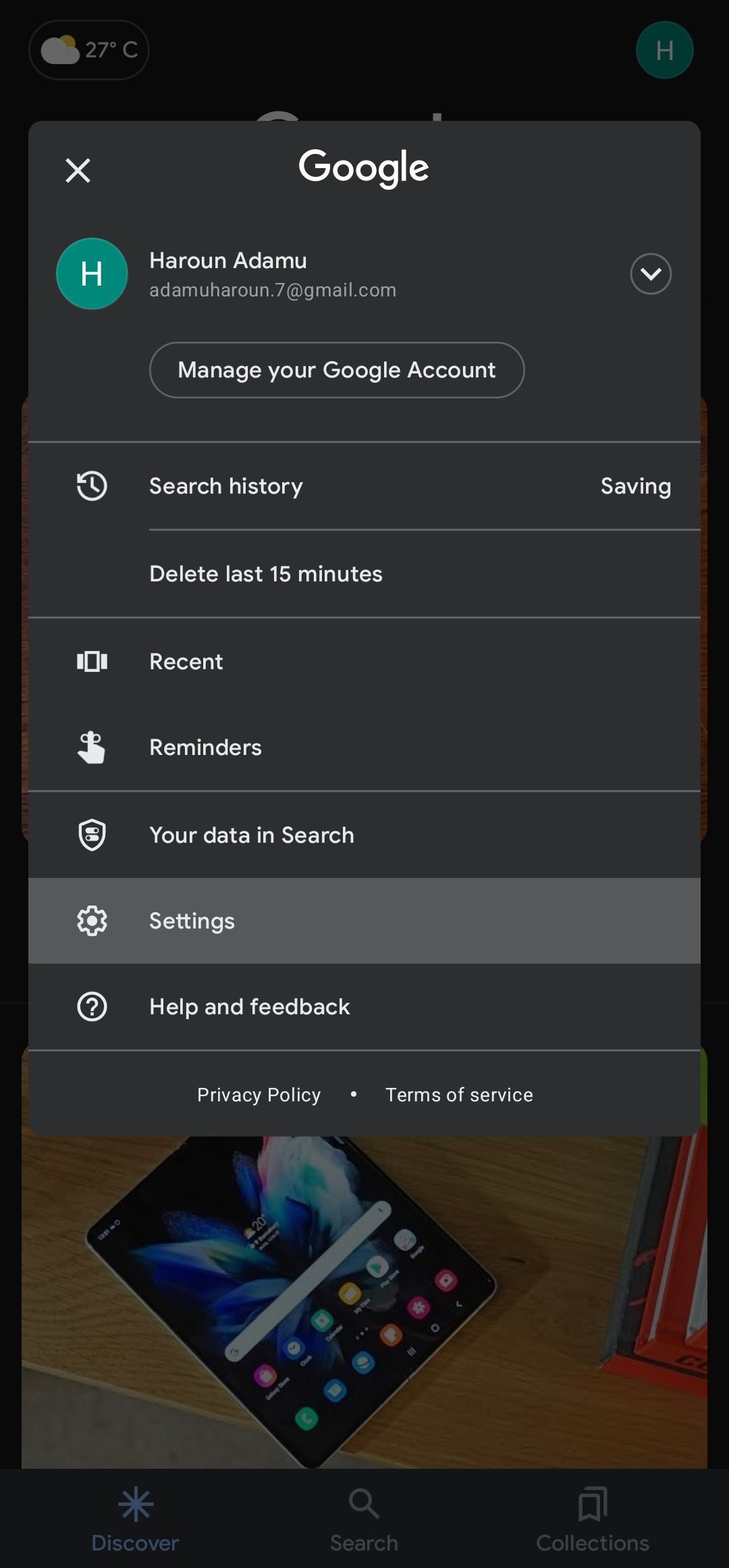 Selecting the Settings section in the Google app to locate the Google Assistant settings.