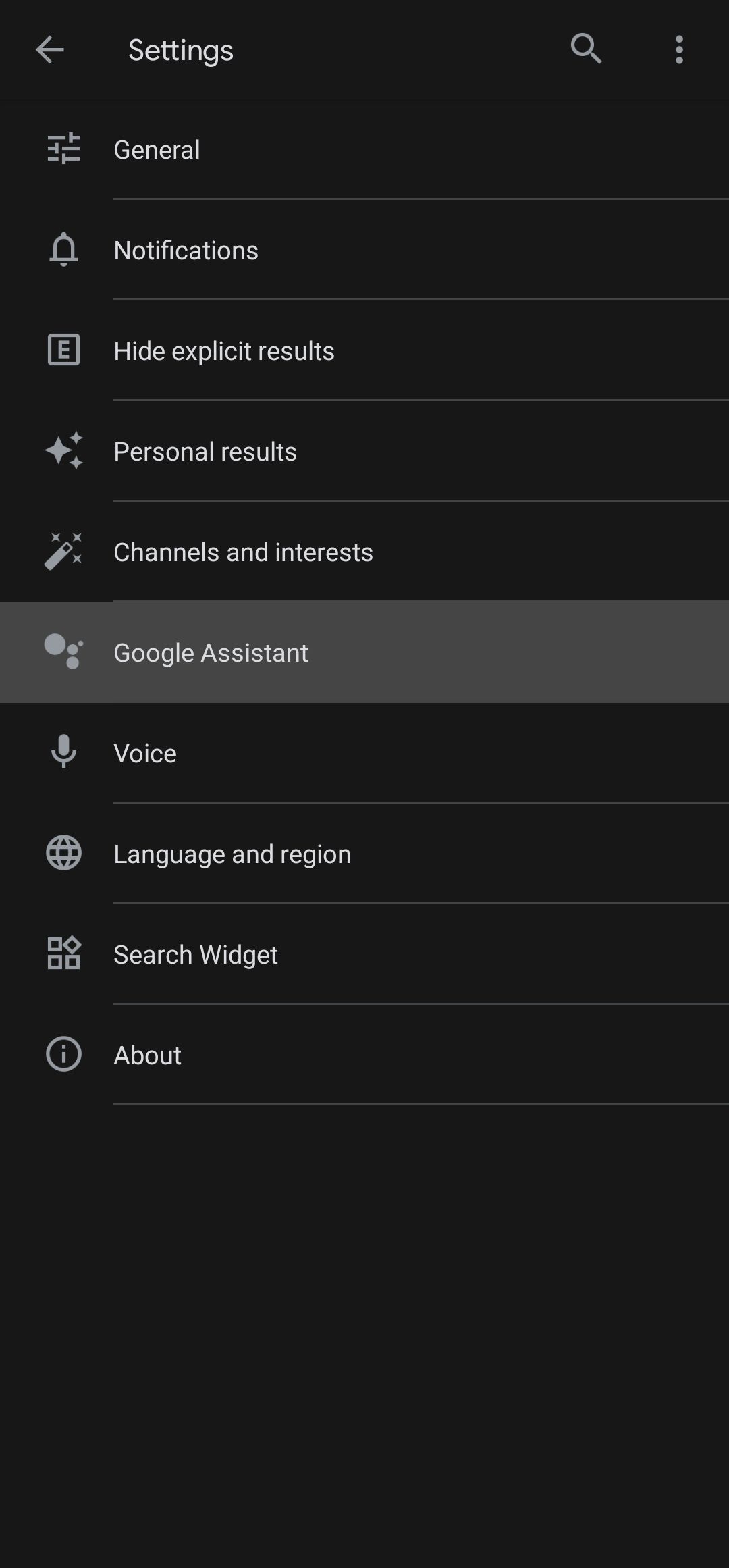 Selecting the Google Assistant options in the Google app.