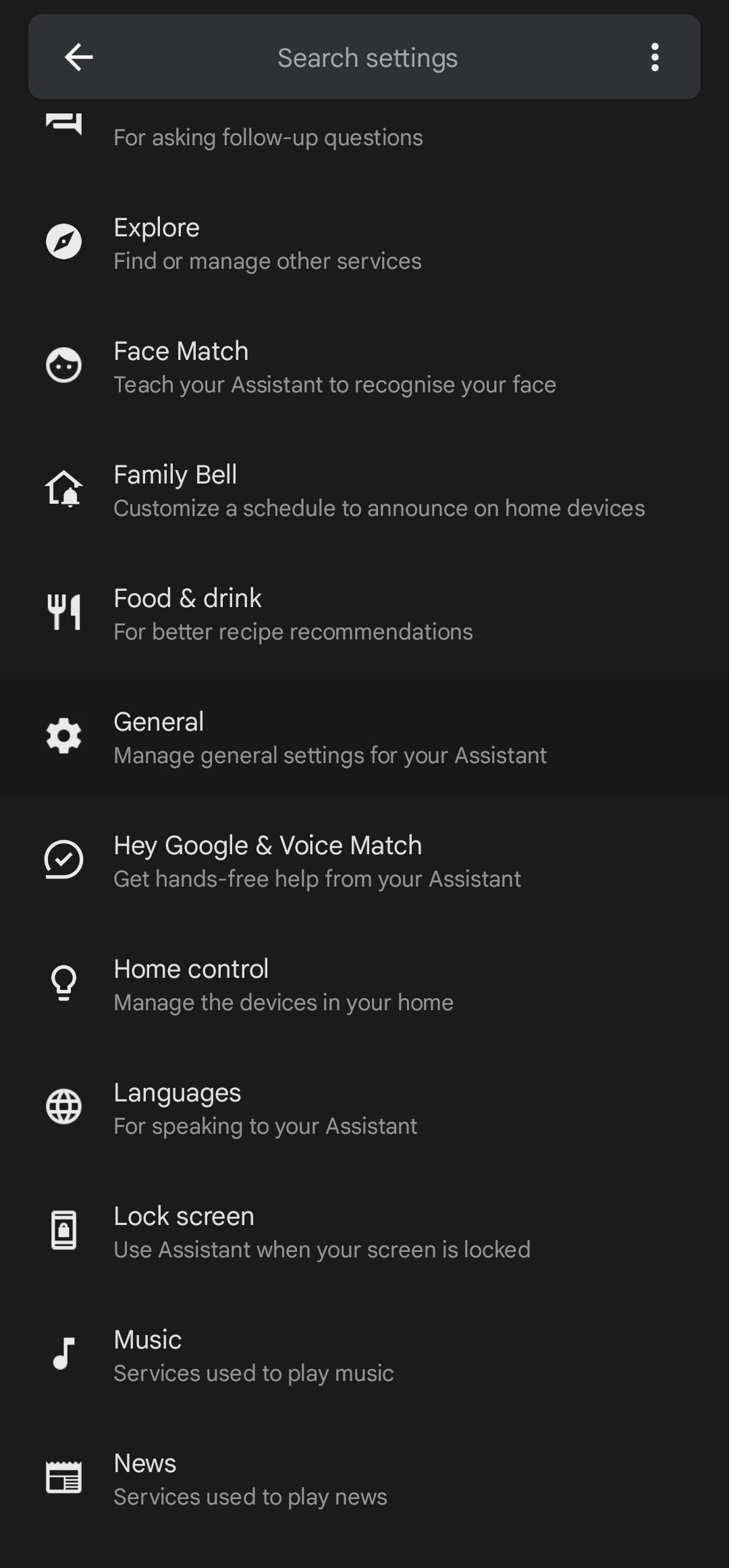 The main screen when opening the Google Assistant settings page.