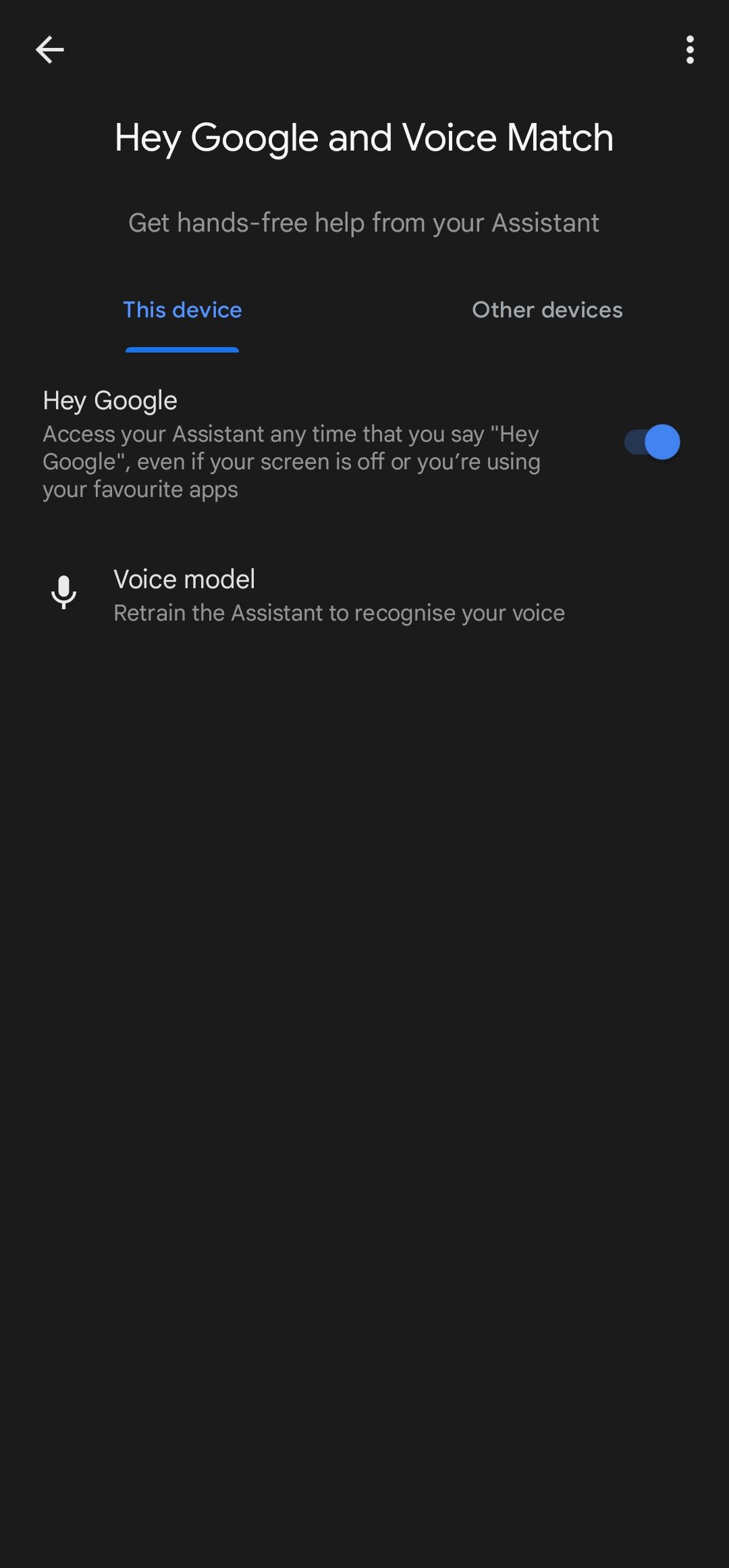 The main toggle switch to turn the Hey Google feature off or back on again.