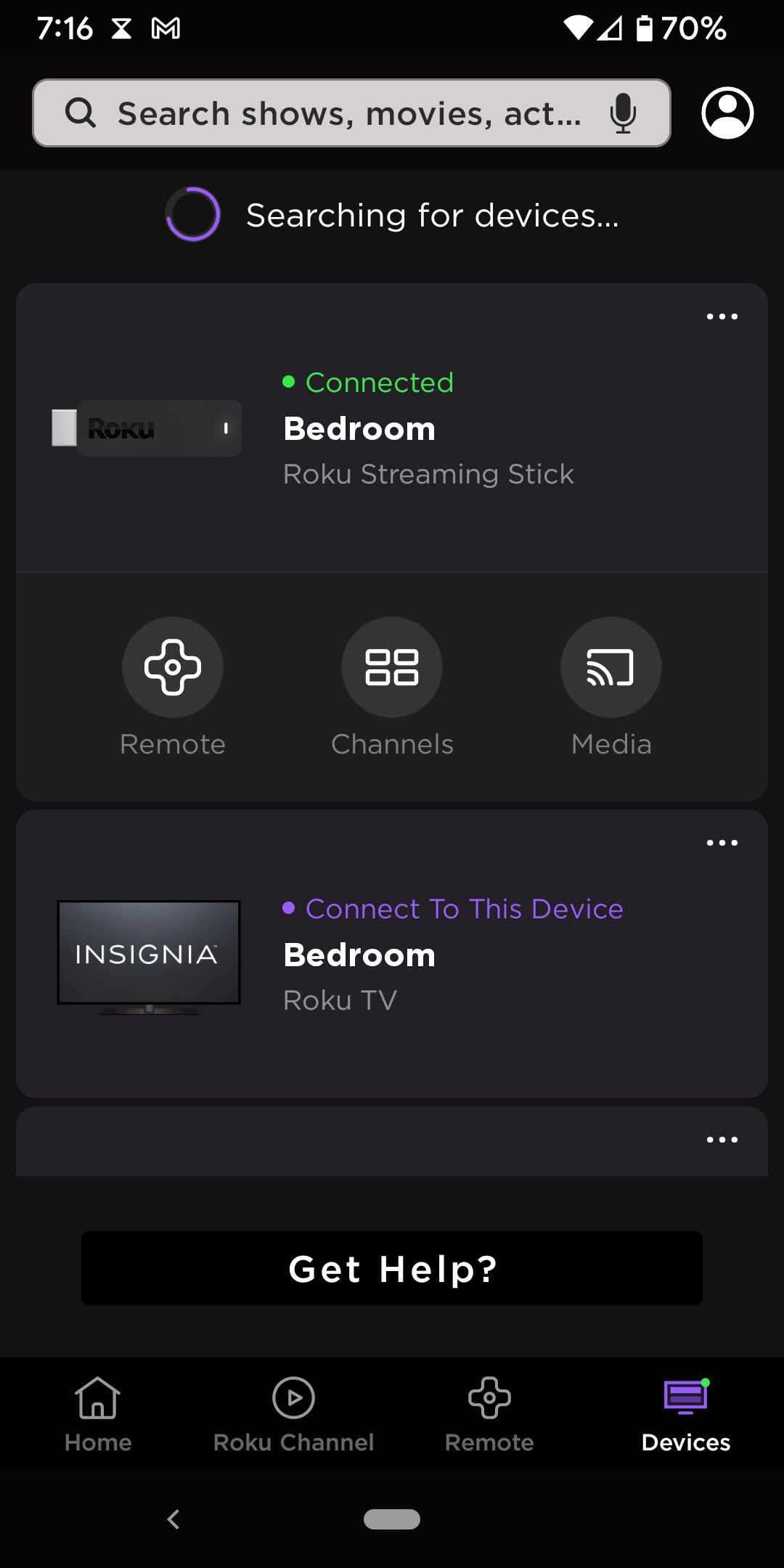 Roku App Devices screen