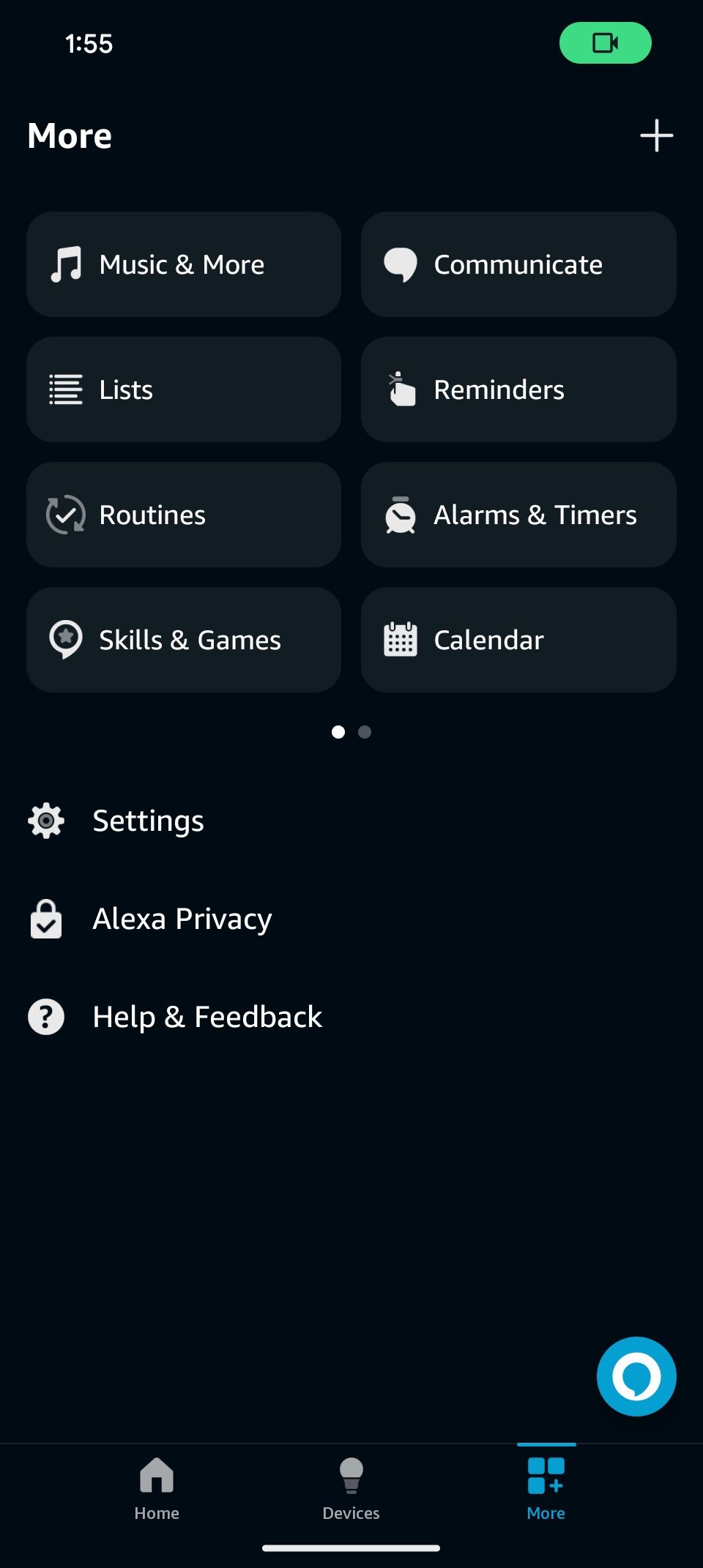 Alexa app "More" tab displaying settings