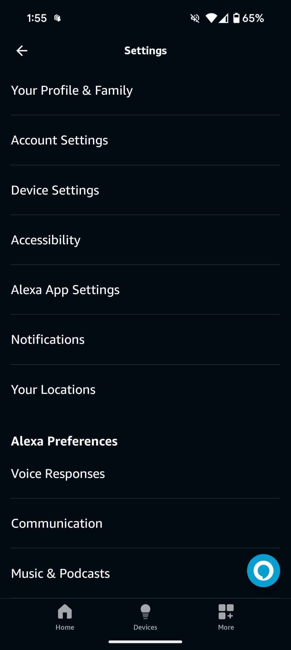 Alexa settings menu showing Your profile and family settings