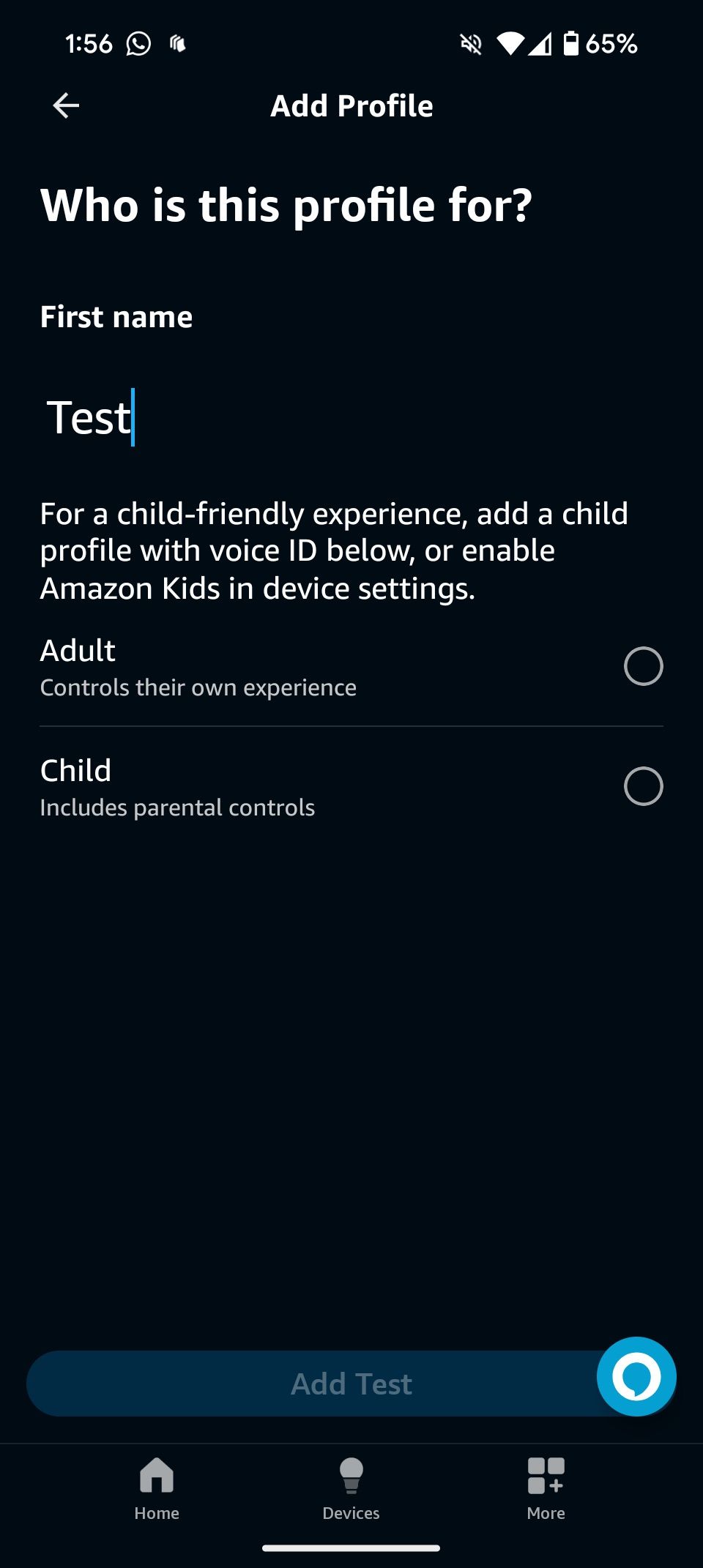 Alexa app setup page for naming a new profile