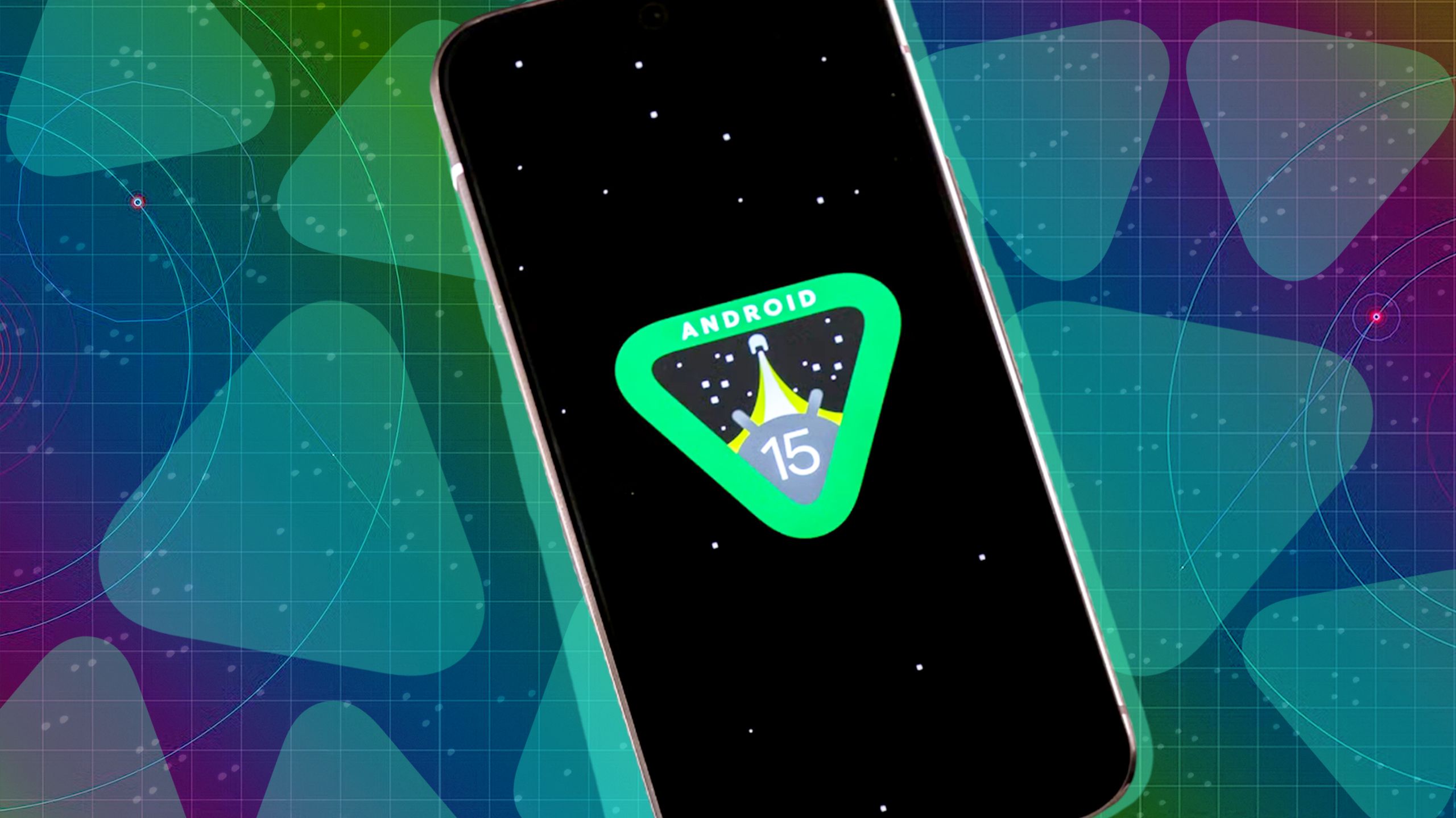 A photo illustration of a smartphone with the Android 15 logo against a green background.