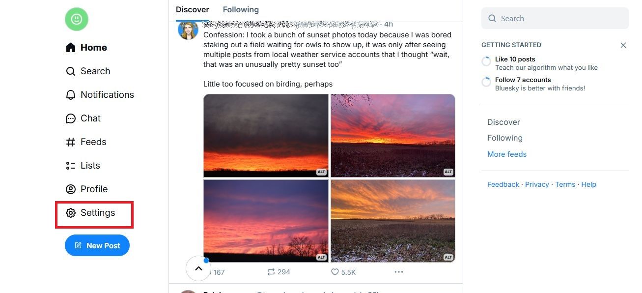 Screenshot highlighting Settings on Bluesky