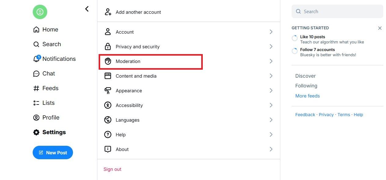 Screenshot highlighting Moderation on Bluesky