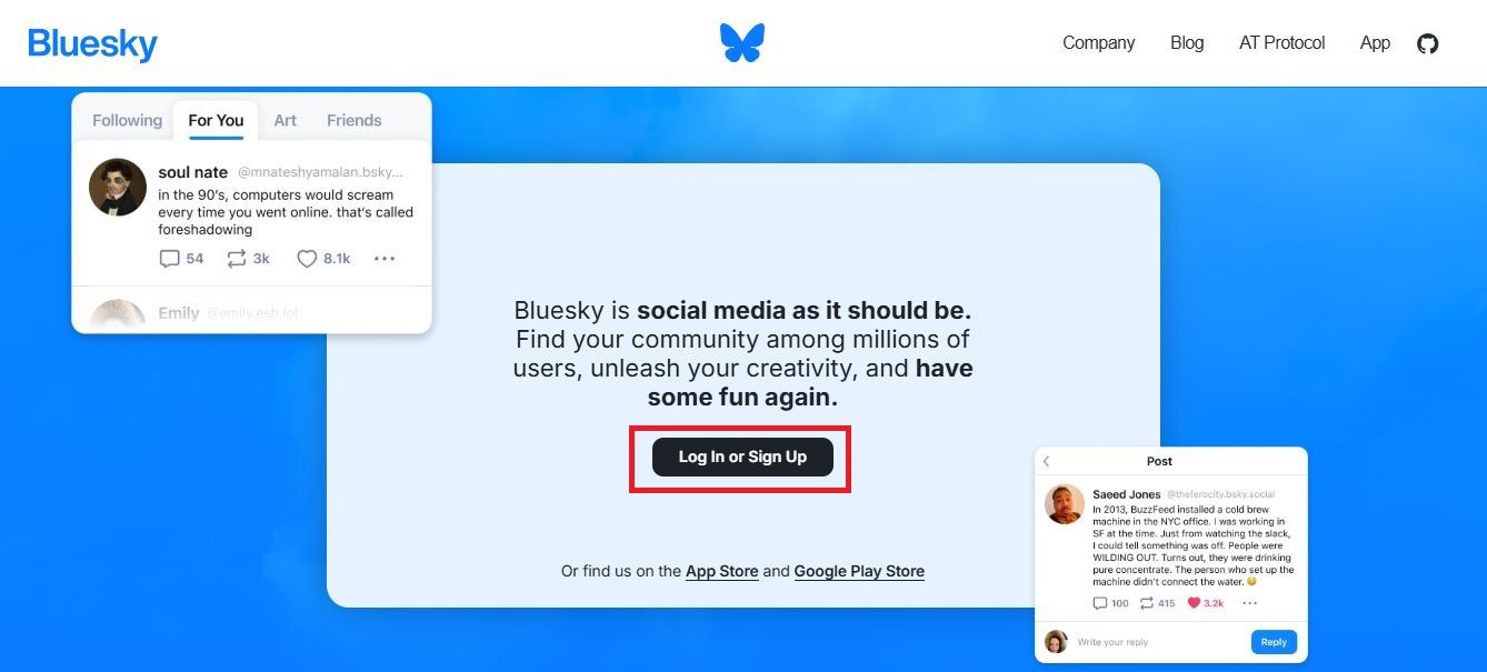 Screenshot highlighting Log In or Sign up on Bluesky