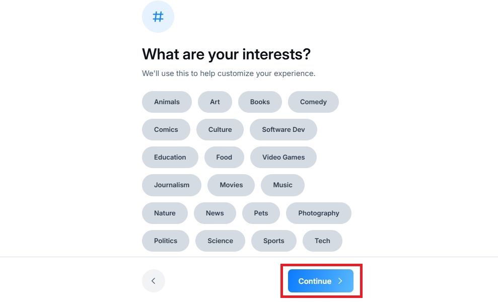 Screenshot highlighting Continue on the Interests page in Bluesky