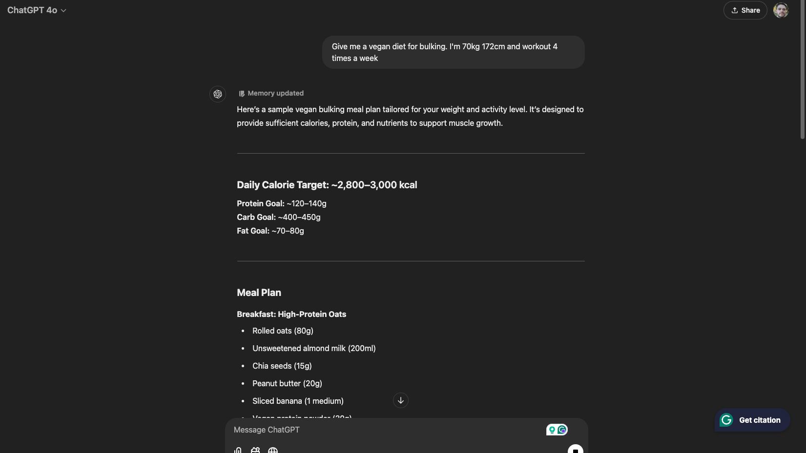 Screenshot of ChatGPT generating a vegan bulking meal plan