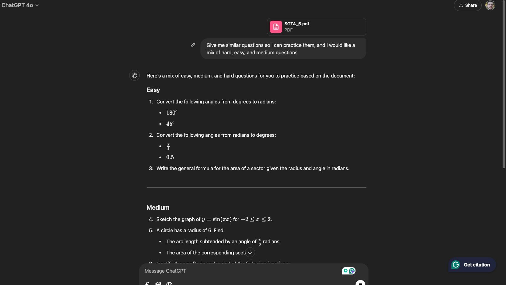 Practice question set generated by ChatGPT with easy, medium, and hard levels according to a PDF provided by user