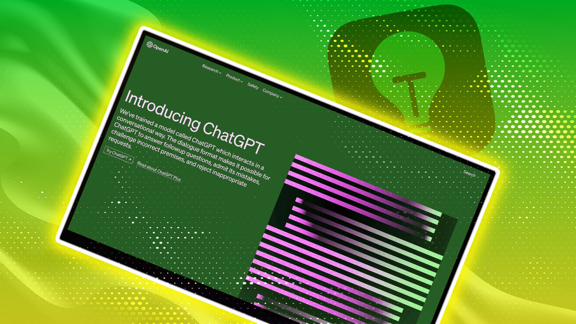 ChatGPT OpenAI introduction displayed in the center on a green, yellow patterned background