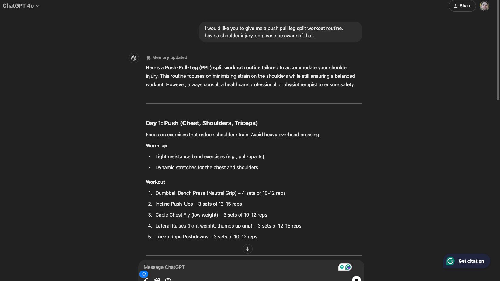  A Push-Pull-Leg (PPL) workout generated by ChatGPT and adapted for a shoulder injury with a focus on reduced strain during chest, shoulder, and tricep exercises.