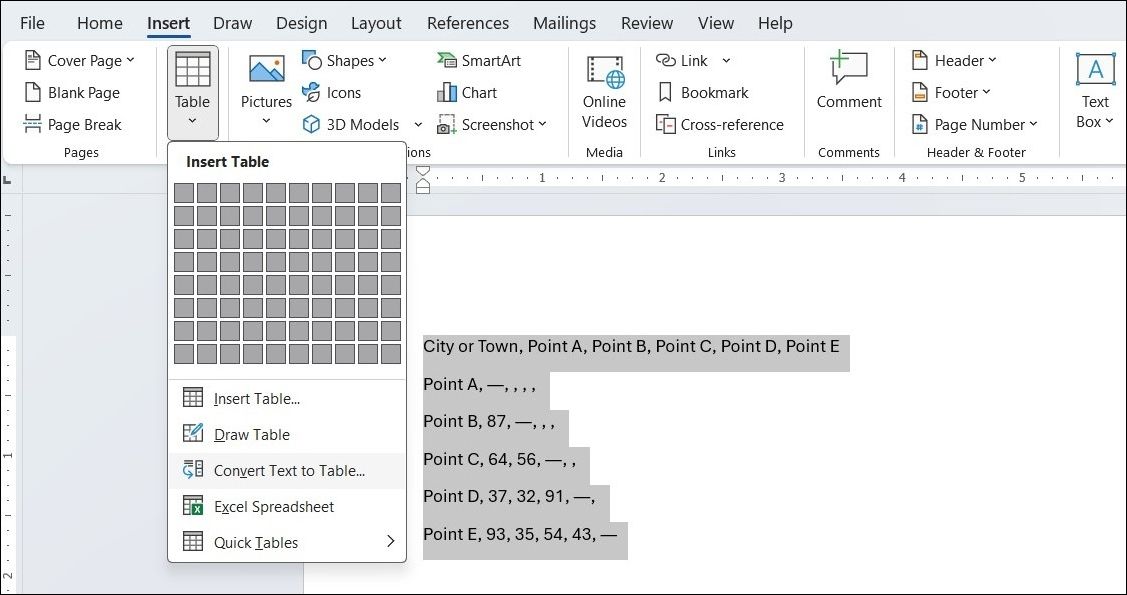 Convert Text to Table Option in MS Word