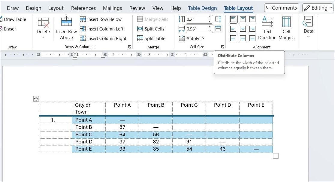 Distribute Columns Option in Microsoft Word