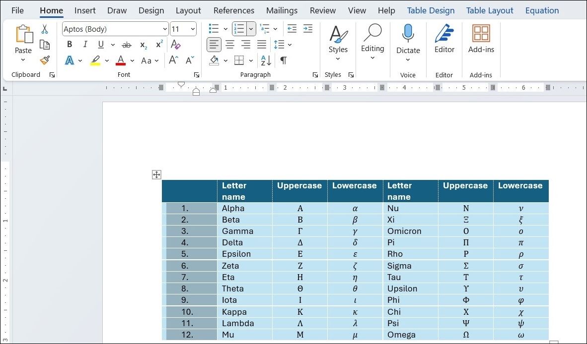 Inserting Numbers in Word Table