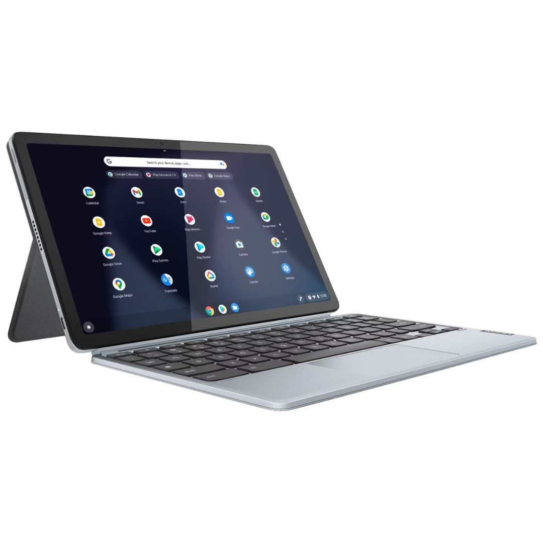 A render of the Lenovo Chromebook Duet 3 sitting open, attached to its keyboard cover