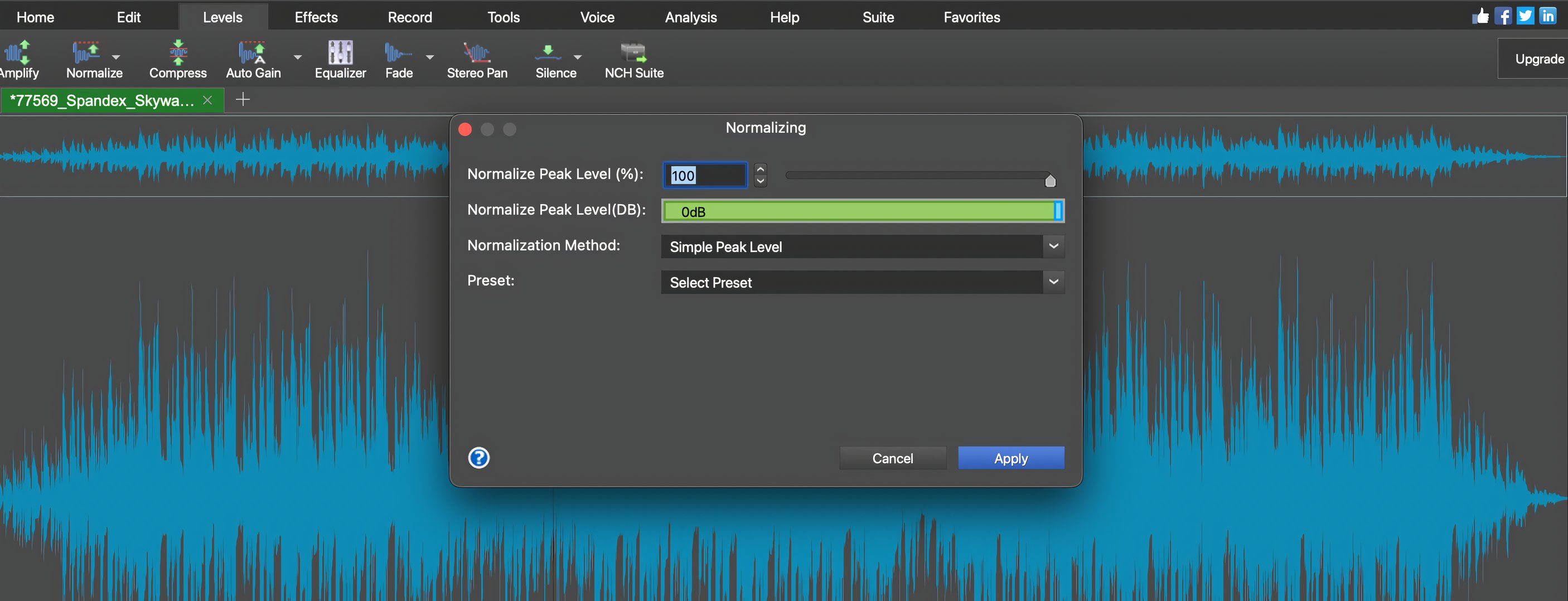 Normalizing volume levels in WavePad.