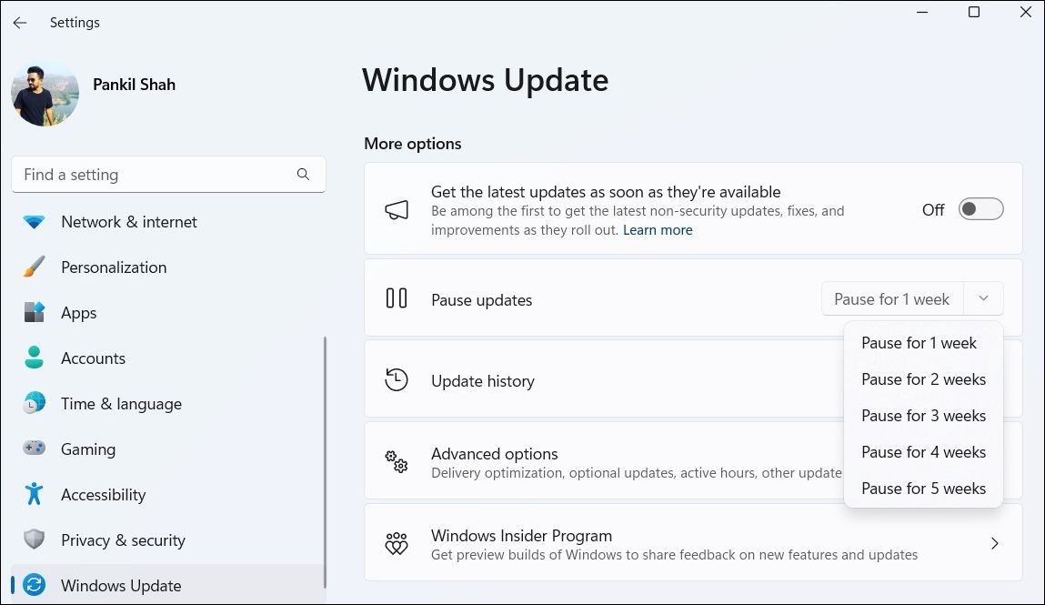 Pause Windows update option in Settings app