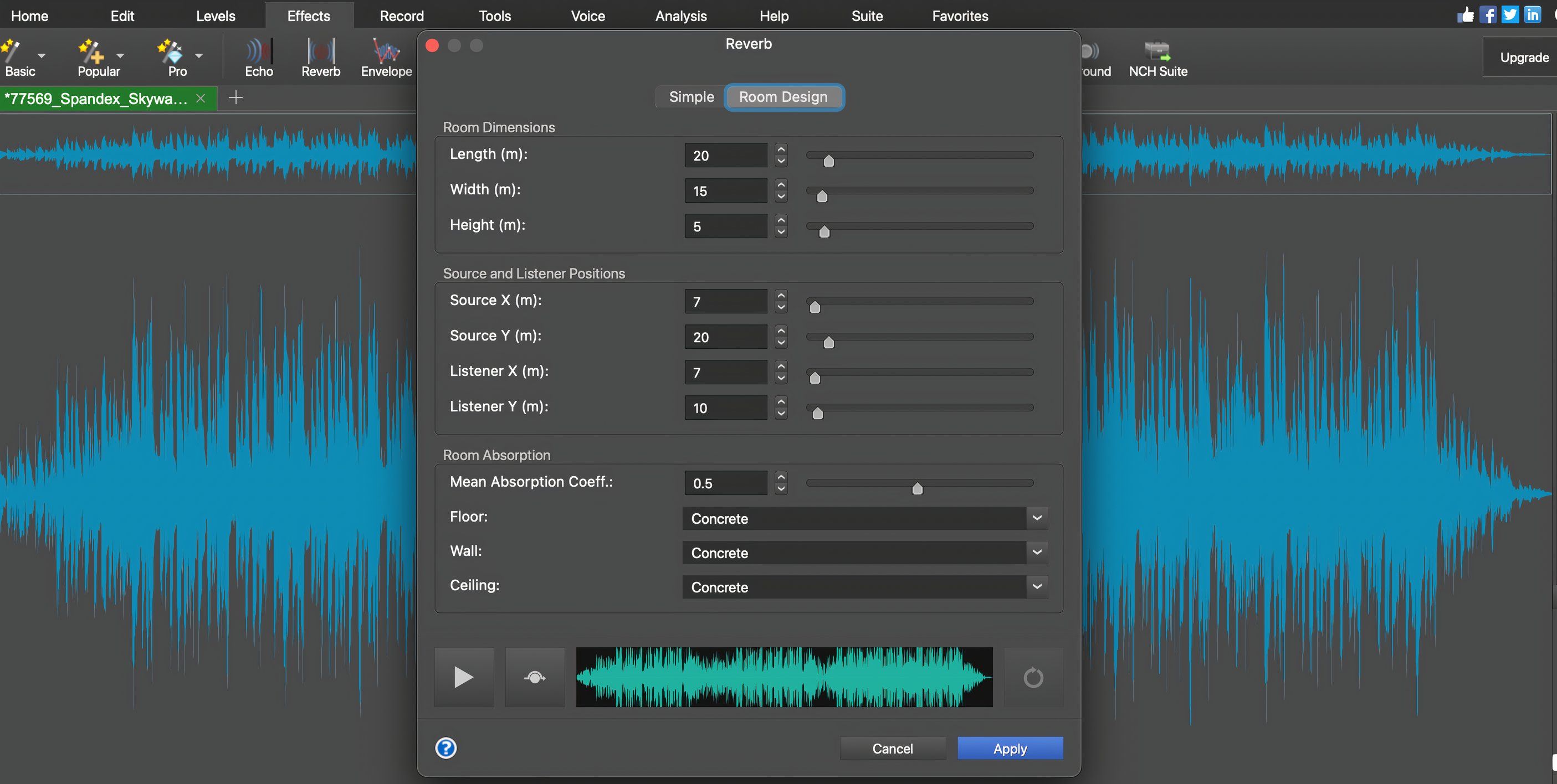 Adding reverb to an audio file in WavePad.