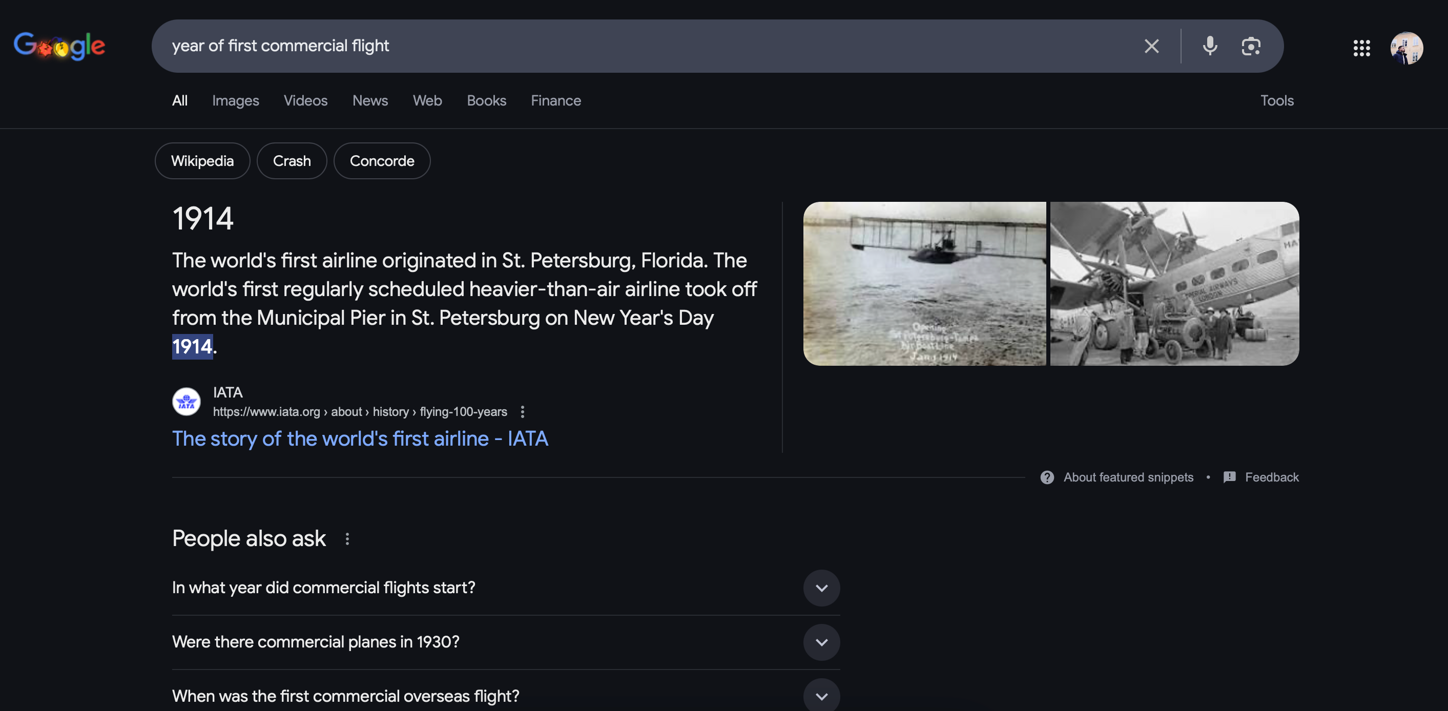 A Google search showing the first-ever commercial flight