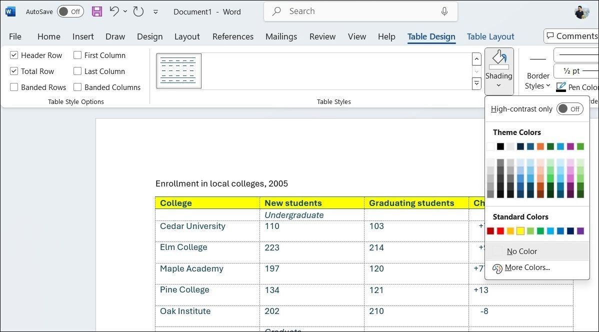 Shading Tool in Word Table Design Tab