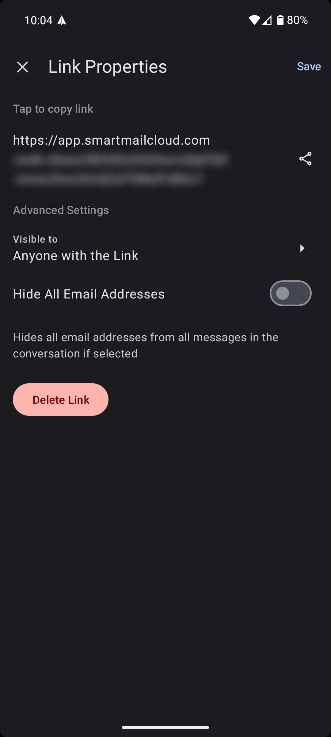 Shareable link properties in Spark Mail Android app