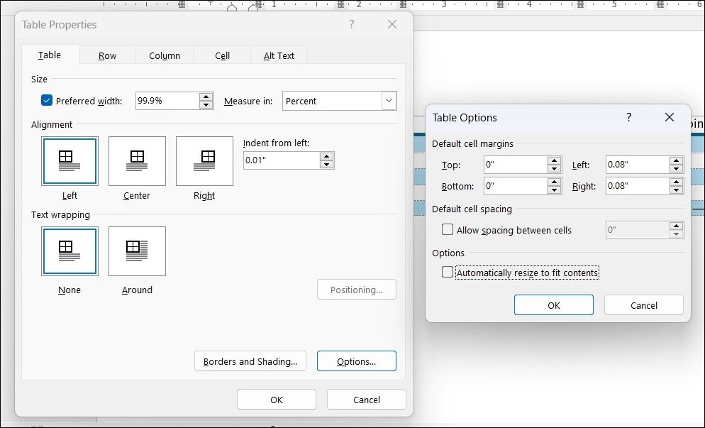 Table Properties Dialog Box in Word