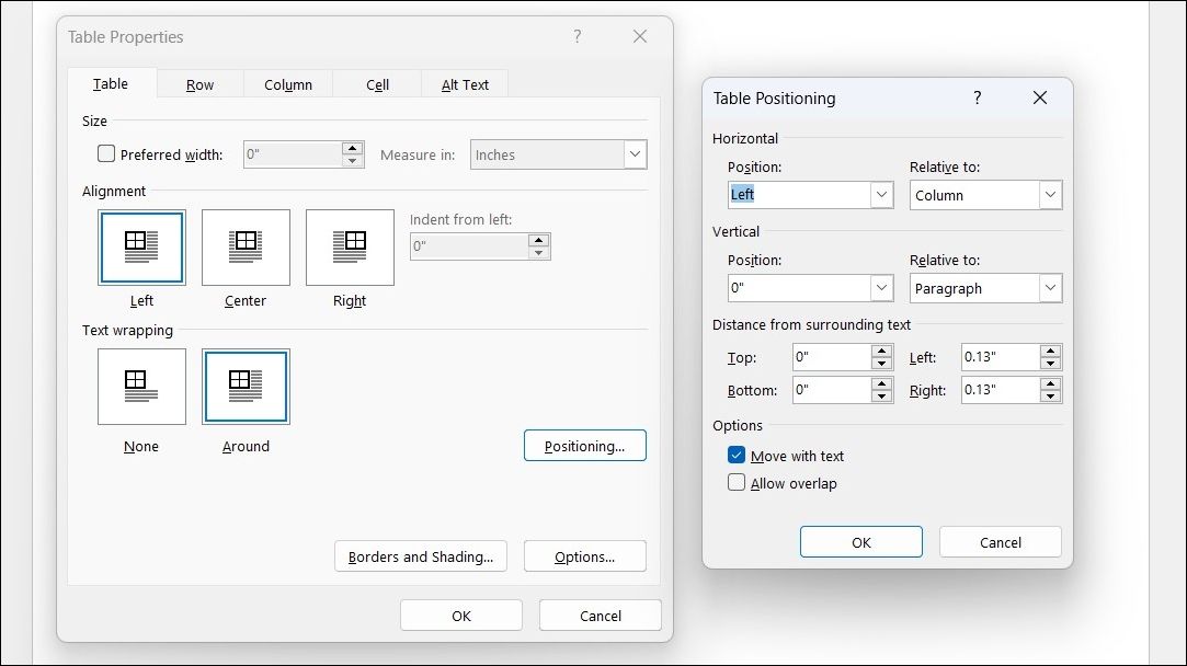 Table Properties in Word