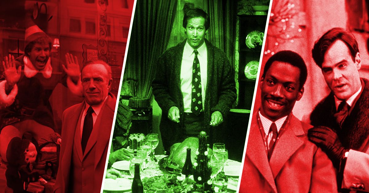 Will Ferrell and James Caan in Elf, Chevy Chase in Christmas Vacation, and Eddie Murphy and Dan Akroyd in Trading Places, with a red and green tint