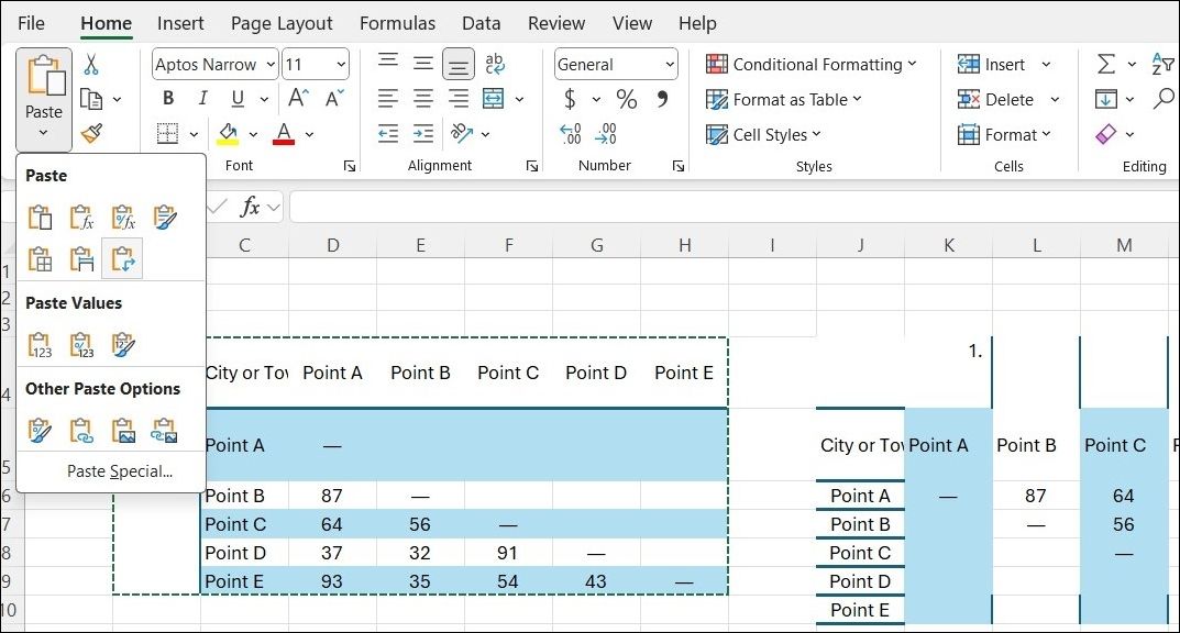 Transpose Option in Excel