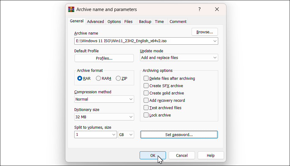 WinRAR add archive dialog open in Windows 11