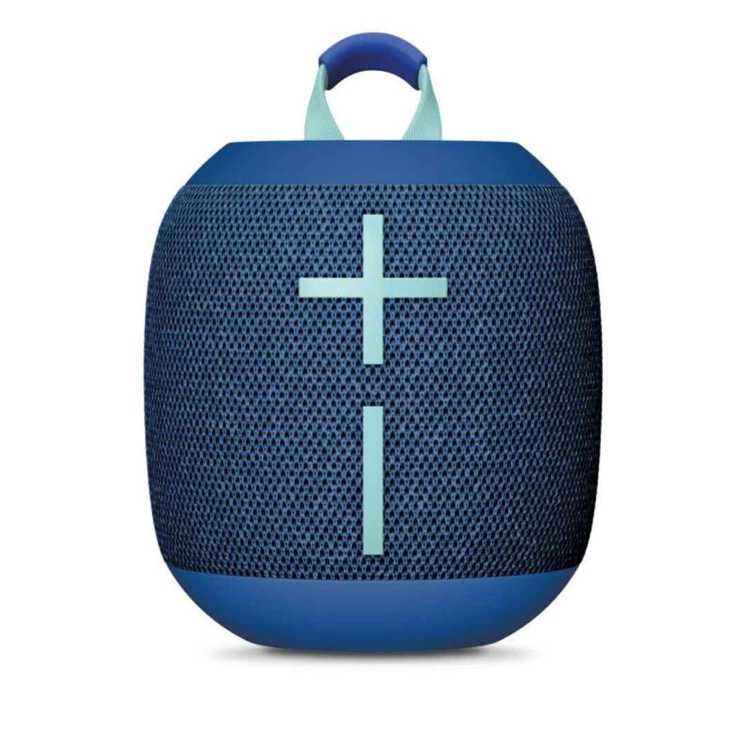 blue bluetooth speaker on white background