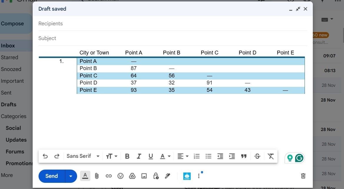 Word Table in Gmail Draft