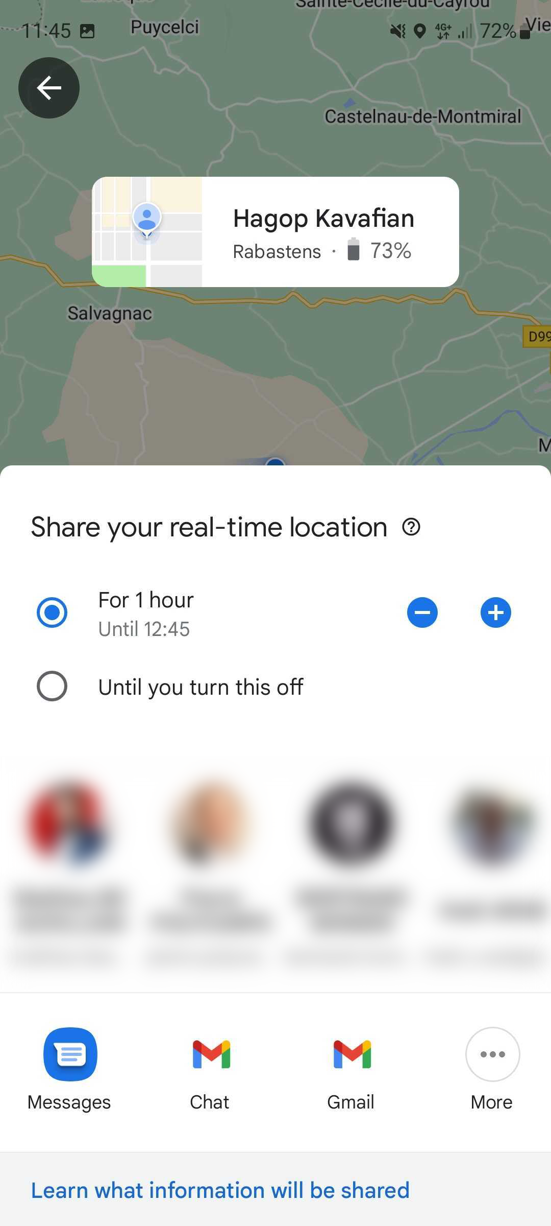 Screenshot of the Google Maps location sharing screen