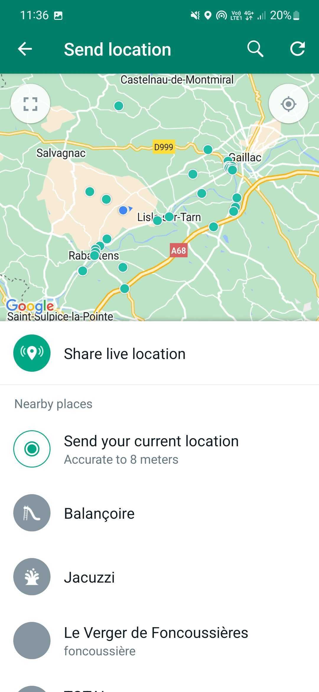 Screenshot of the Whatsapp location sharing screen