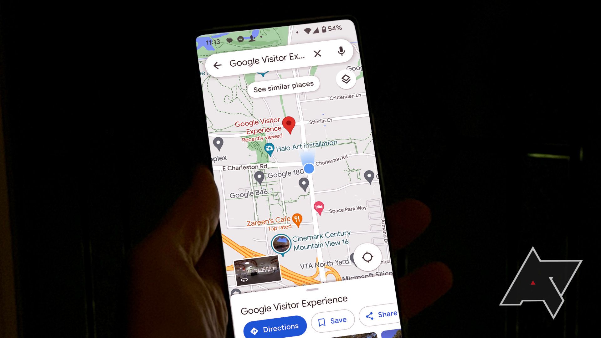 A Pixel 6 Pro shows a Google Maps view of Mountain View, CA with the Google Visitor Experience selected.